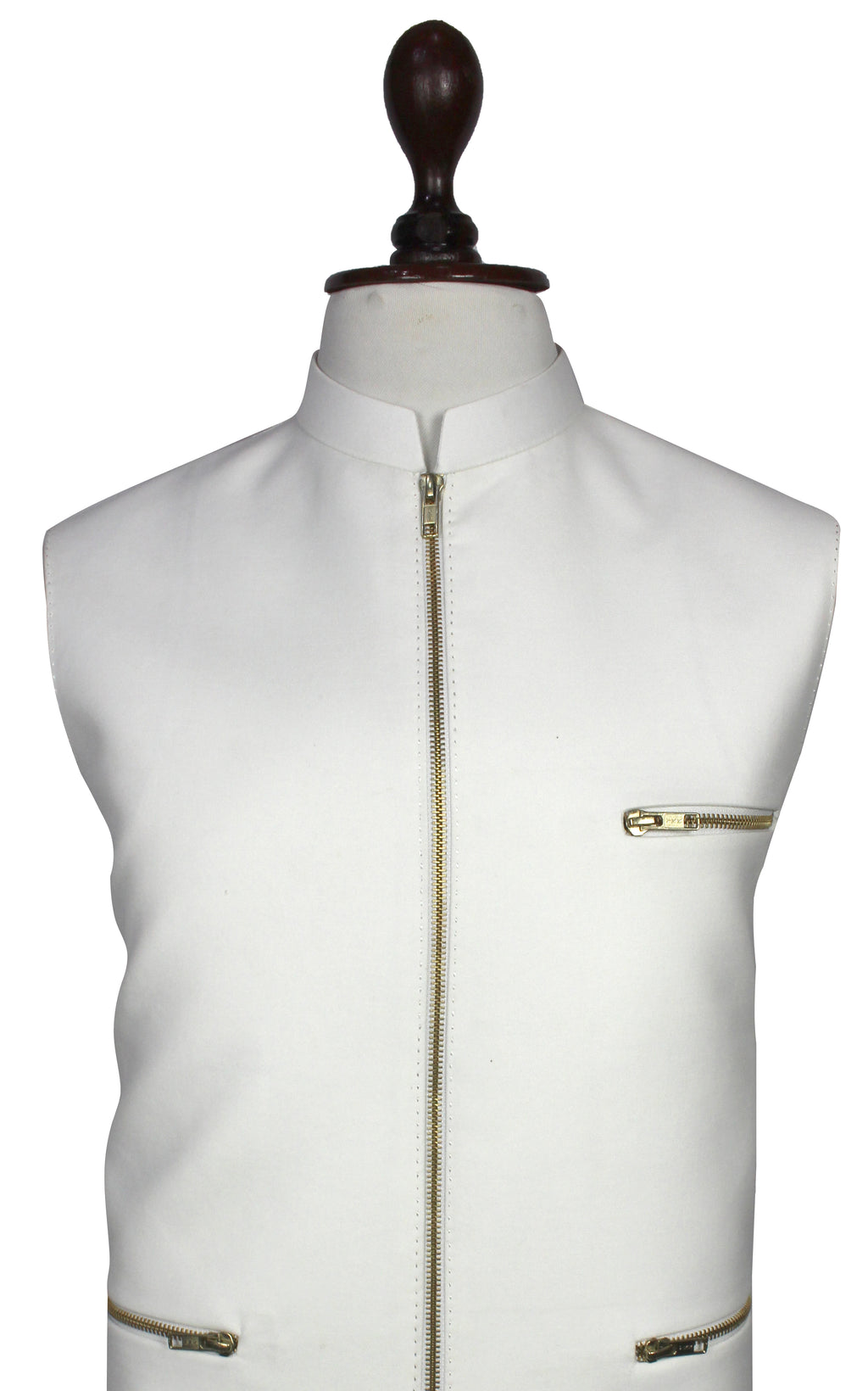 White sleeveless waistcoat vest with a mandarin collar, front zipper, and zippered chest pocket, displayed on a mannequin torso against a white background.