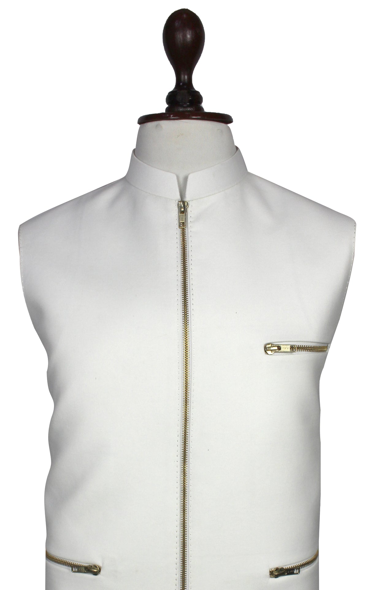 White sleeveless waistcoat vest with a mandarin collar, front zipper, and zippered chest pocket, displayed on a mannequin torso against a white background.