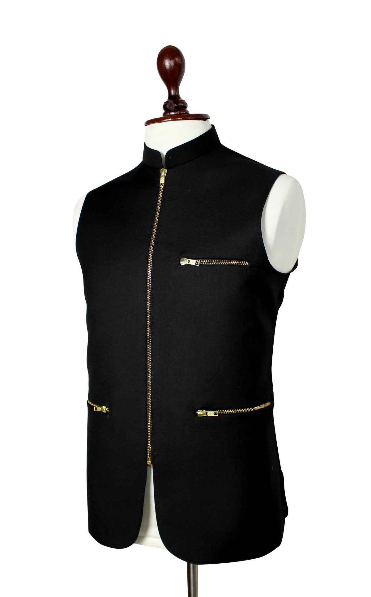 A black sleeveless waistcoat vest with gold-tone zippers, displayed on a white mannequin torso with a dark wood neck cap against a plain white background.