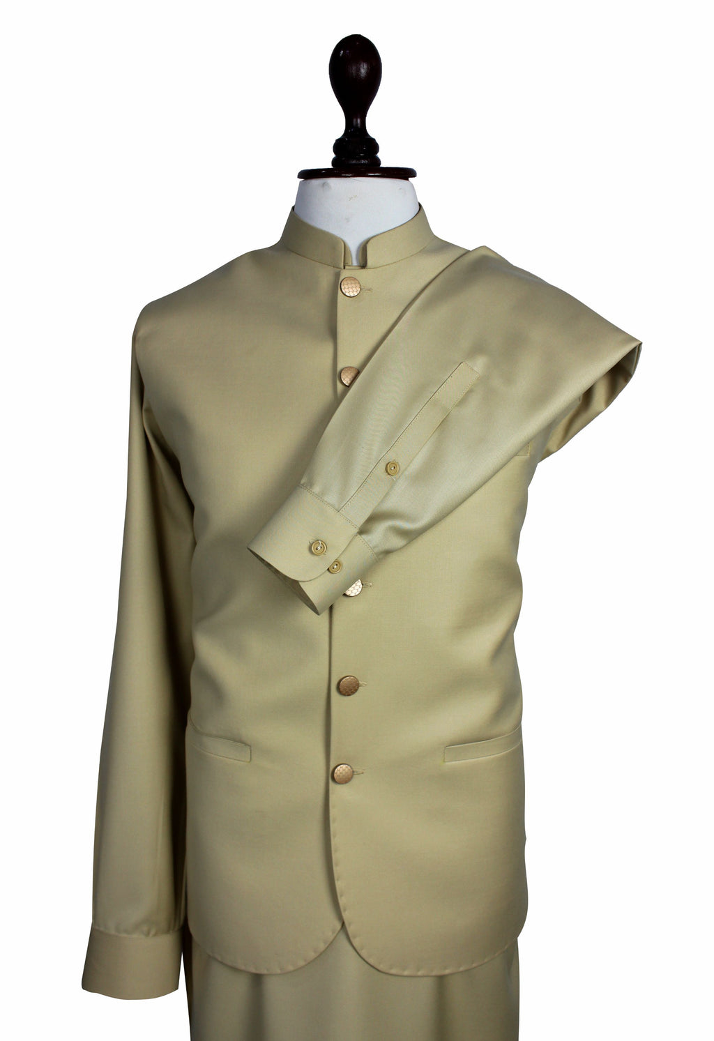 A light khaki beige traditional Indian jacket (kurta) displayed on a mannequin torso with a black wooden neck cap. The jacket features a mandarin collar, three-quarter sleeves with buttoned cuffs, and a draped shawl-style sleeve detail across the chest.