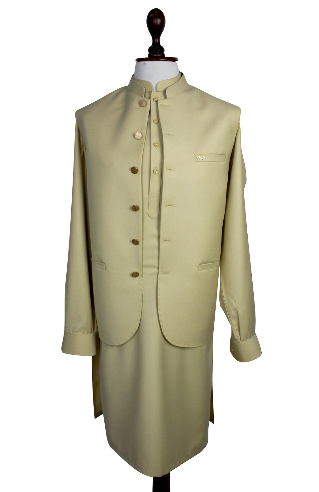 A light beige traditional long coat with a mandarin collar and decorative buttons, displayed on a mannequin against a white background.