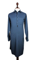 A long-sleeve blue button-up tunic or kurta displayed on a mannequin torso against a plain white background.