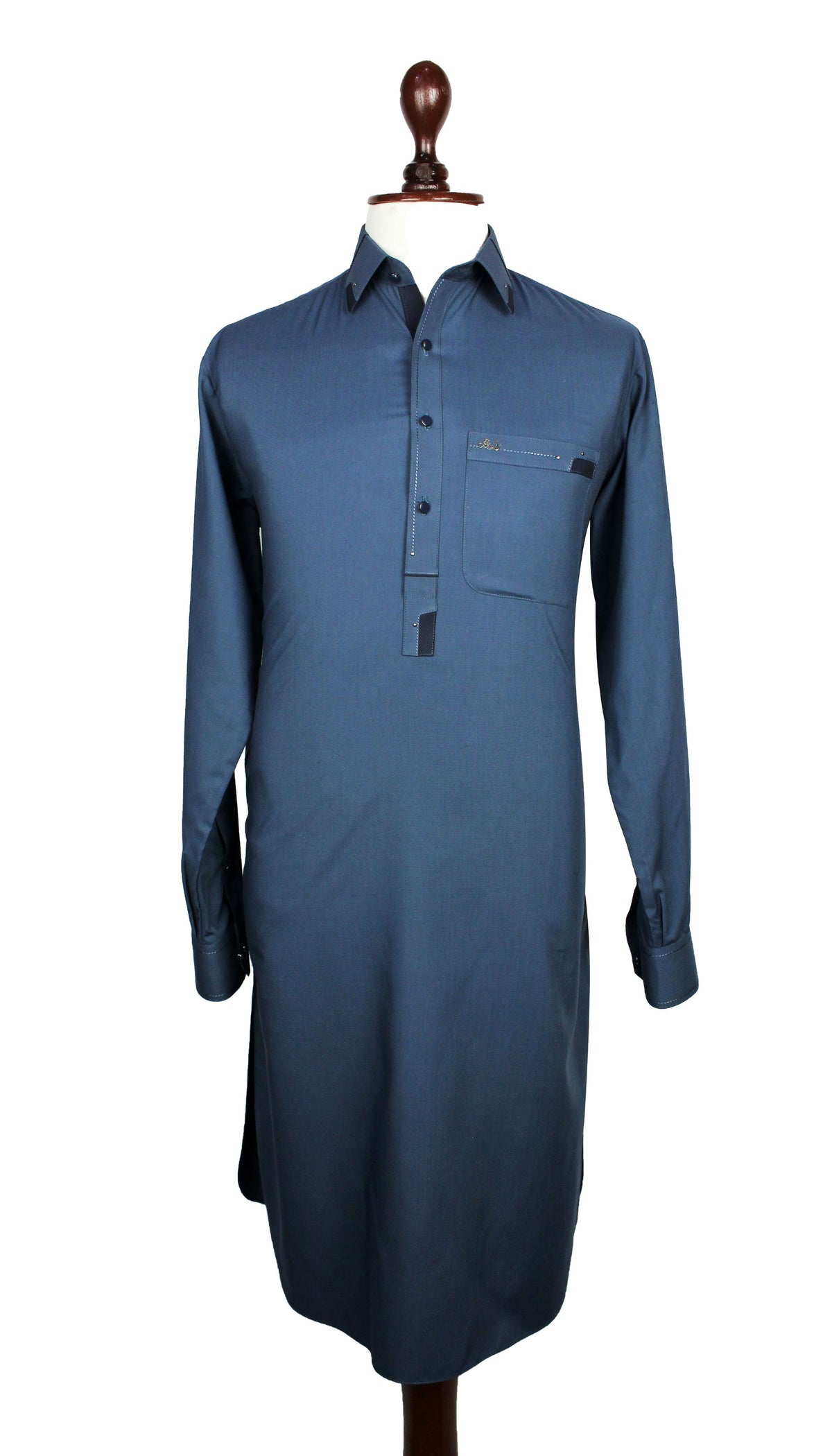 A long-sleeve blue button-up tunic or kurta displayed on a mannequin torso against a plain white background.