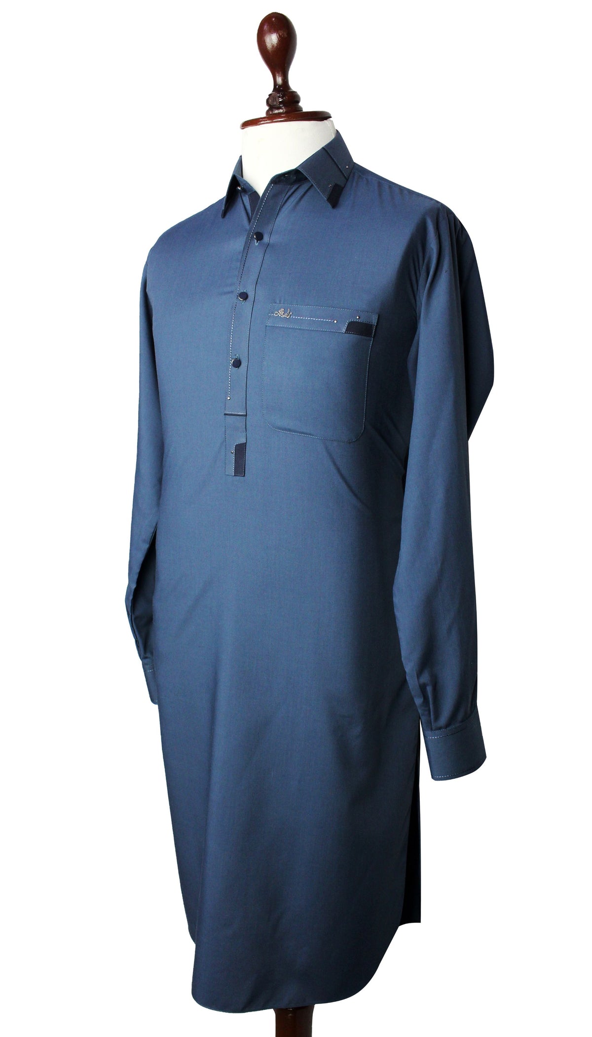 A long-sleeve blue kurta displayed on a mannequin torso against a plain white background.