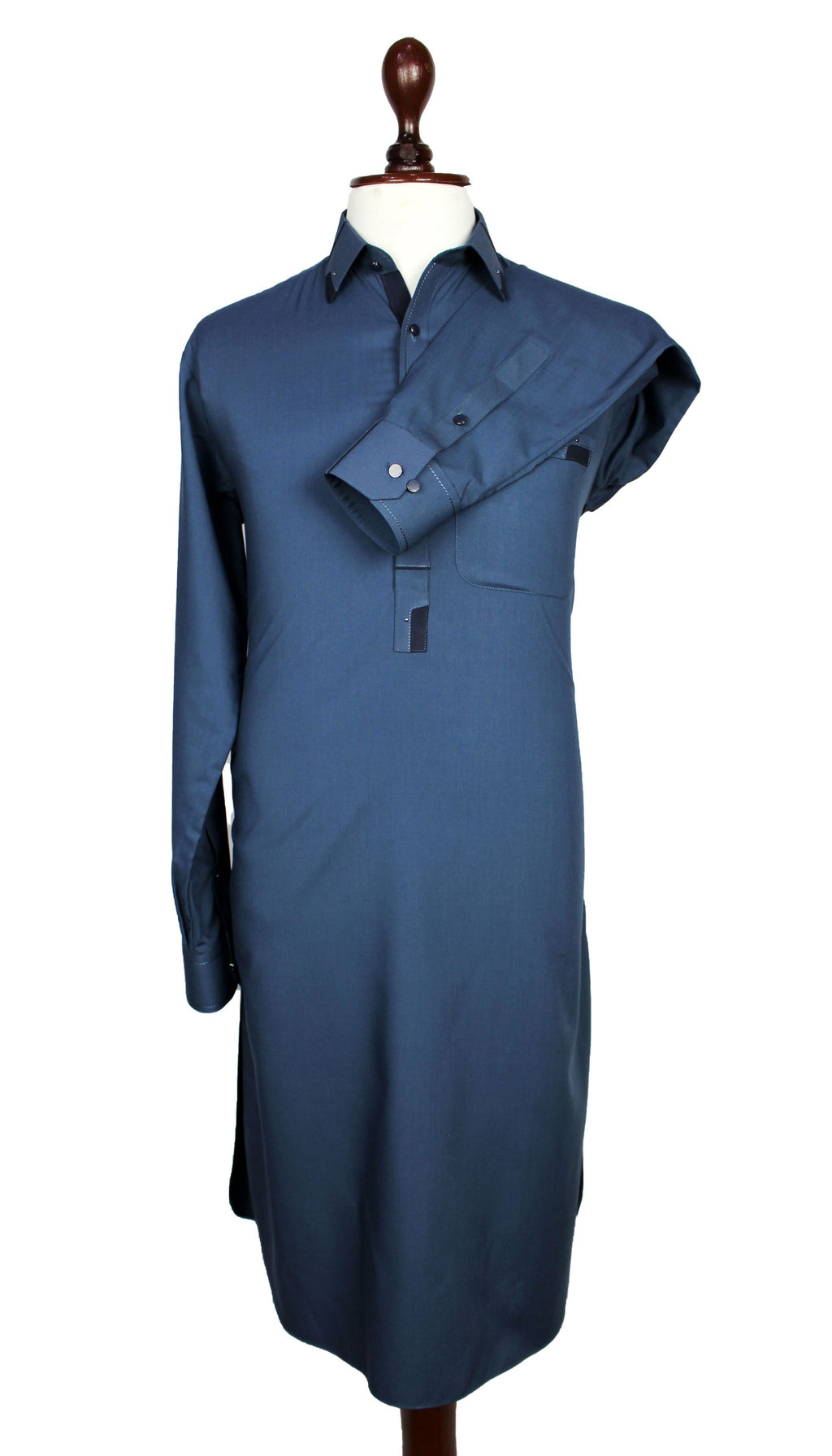 A dark blue long-sleeve kurta displayed on a mannequin torso against a plain white background.
