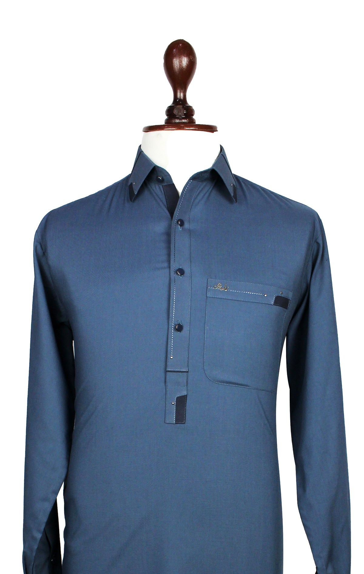 A long-sleeve blue button-up shirt displayed on a white mannequin torso with a dark wooden neck cap, set against a plain white background.