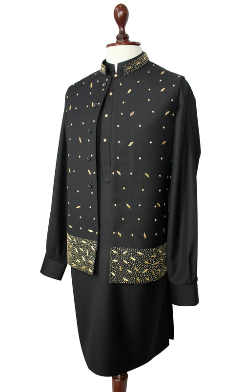 Men's black Raja Jee shalwar kameez with an embroidered gold dot waistcoat