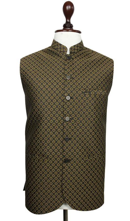 Olive green designer waistcoat for men with traditional geometric pattern by Raja Jee