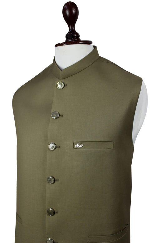 Light green traditional men's waistcoat by Raja Jee with a mandarin collar and button-down front.