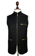 A black sleeveless waistcoat vest with gold zippers, displayed on a white mannequin torso with a wooden neck cap against a white background.