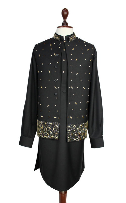 Raja Jee black shalwar kameez with a gold-embroidered waistcoat for men