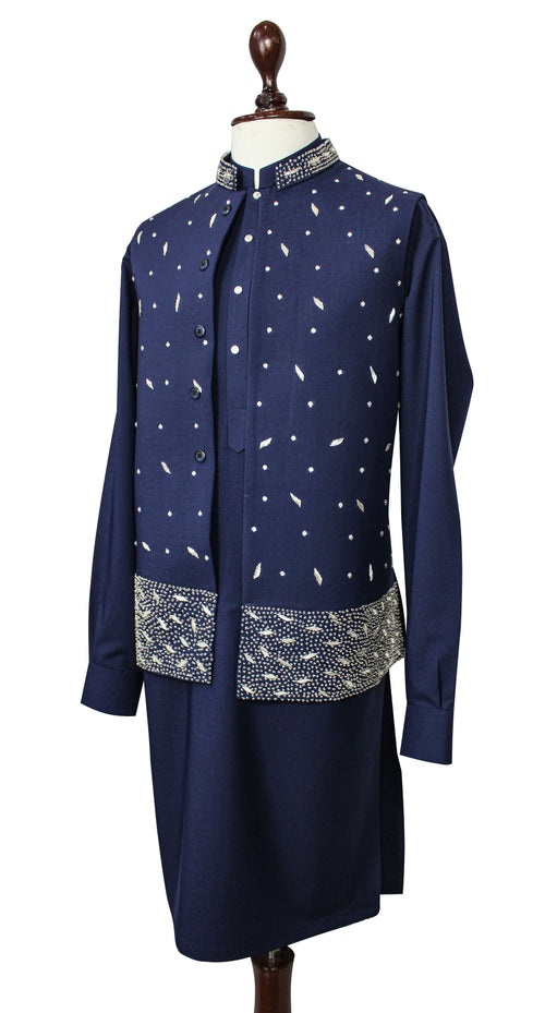 Navy Blue Embroidered Shalwar kameez with Waist coat for Men | Formal Wedding Wear