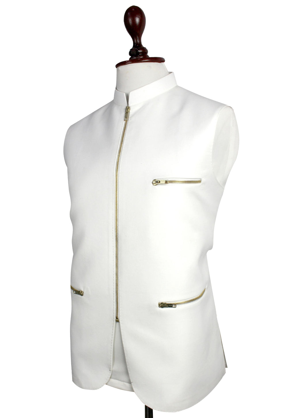 A white sleeveless waistcoat vest with gold-tone zippers and pocket details, displayed on a white mannequin torso with a dark wood neck cap against a plain white background.