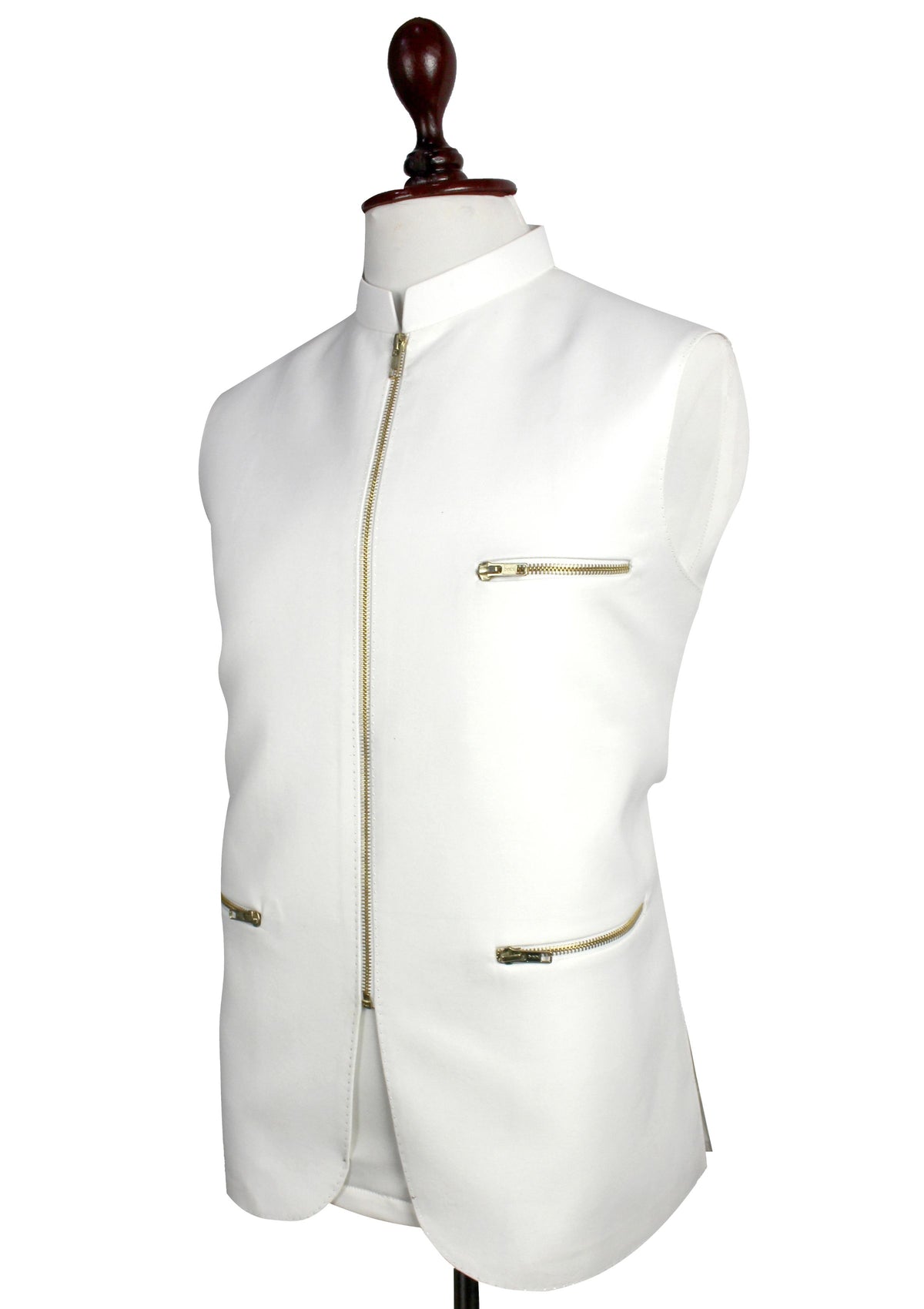 A white sleeveless waistcoat vest with gold-tone zippers and pocket details, displayed on a white mannequin torso with a dark wood neck cap against a plain white background.