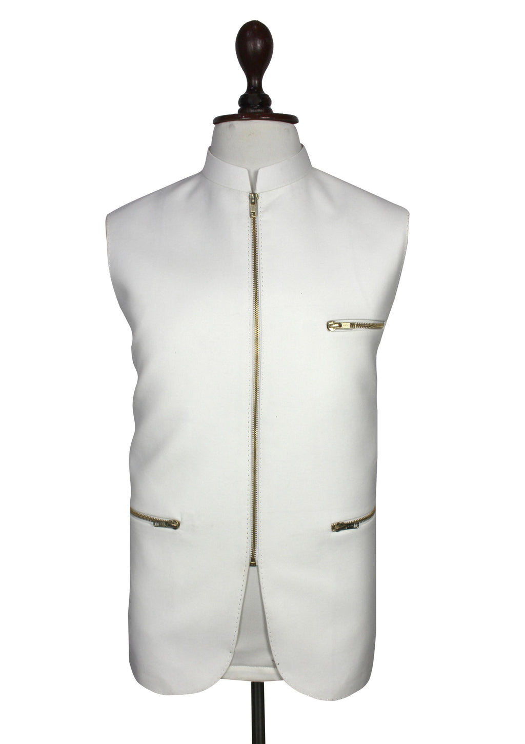 A white sleeveless vest displayed on a mannequin torso against a plain white background. The vest features a mandarin collar, a central front zipper, a zippered chest pocket, and two zippered lower pockets with gold-tone hardware.